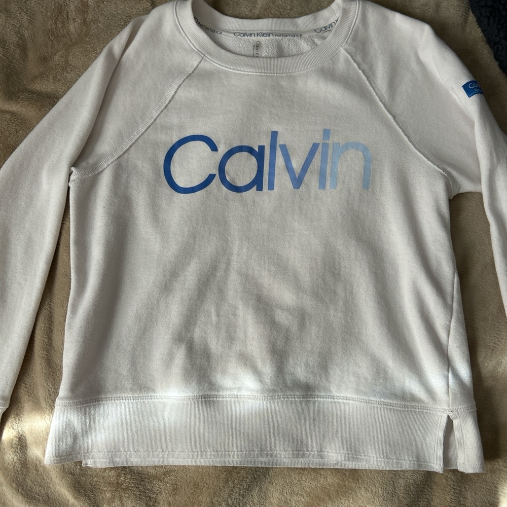 Calvin Klein Cream Sweatshirt with Blue Accents